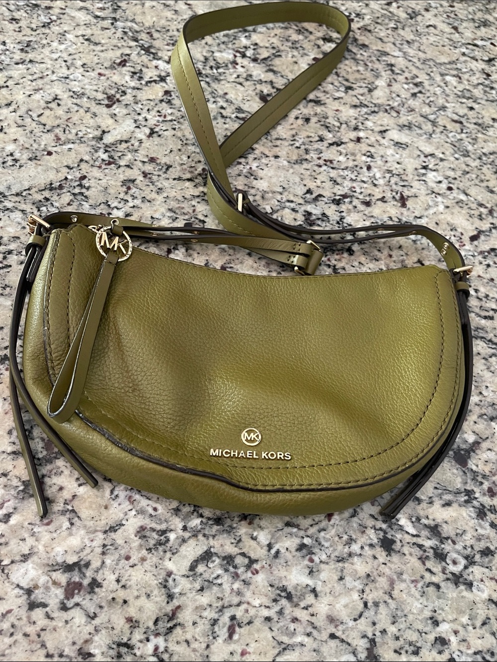 Michael Kors Olive Leather Crescent Crossbody Bag with Gold Logo